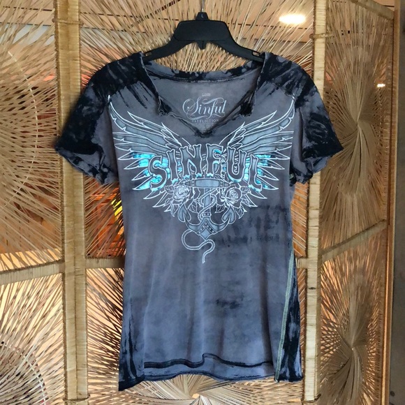 Affliction Tops - Sinful by Affliction Gray Tie Dye Tee